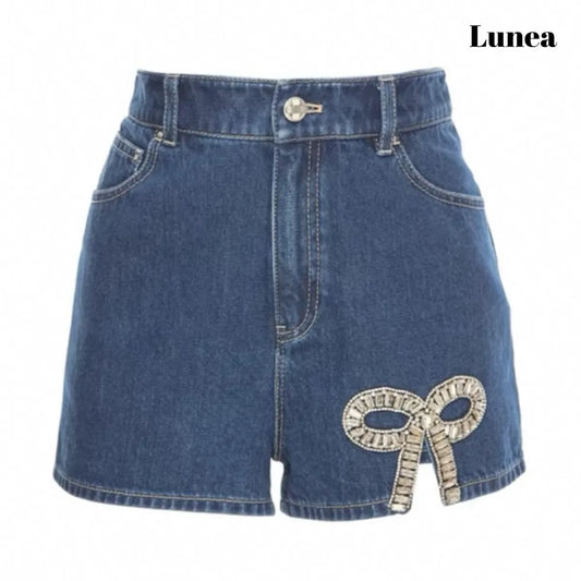 リボン刺繍デニムショートパンツ